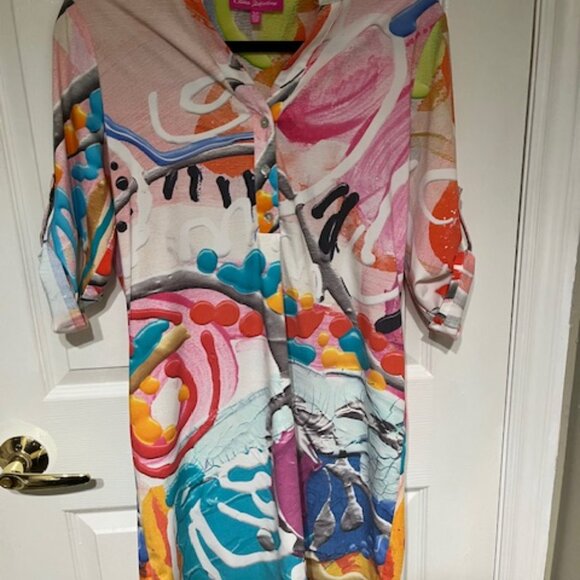 Canadian Designer Claire Desjardins Tab Sleeve Abstract Art Popover Shirt Dress - Picture 6 of 8